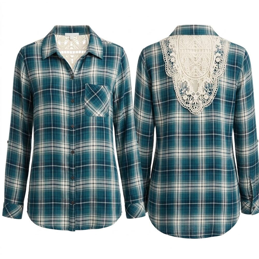 Cottagecore Plaid Crochet Lace-Back Button Down Top Medium Country Living